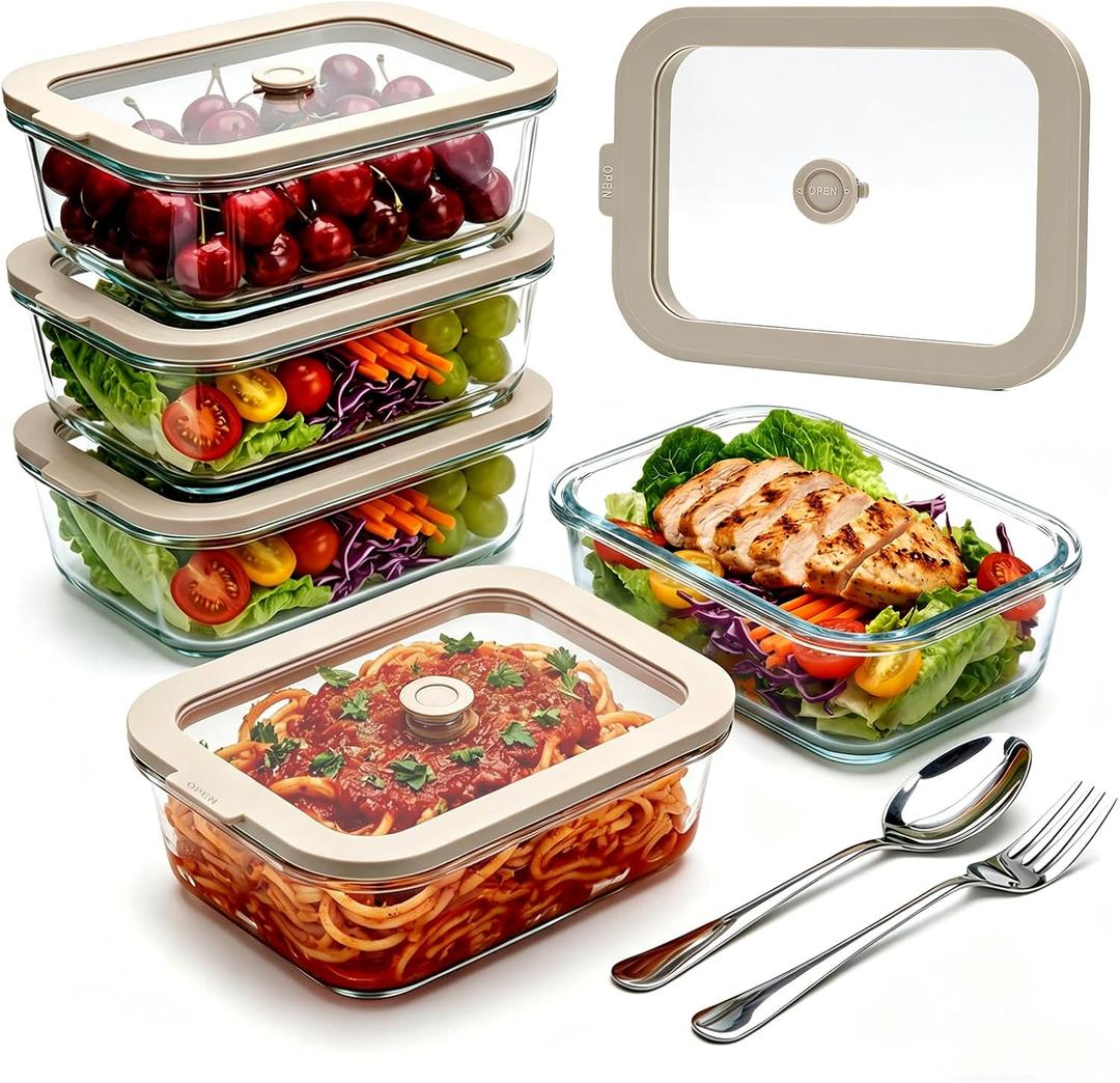 5 Pack 35 oz Glass Meal Prep Containers, Plastic-Free Glass Food Storage Containers with Lids, 4.4 Cups Airtight Glass Lunch Containers for Leftovers, Microwave, Oven, Freezer and Dishwasher, 35 Fluid Ounces