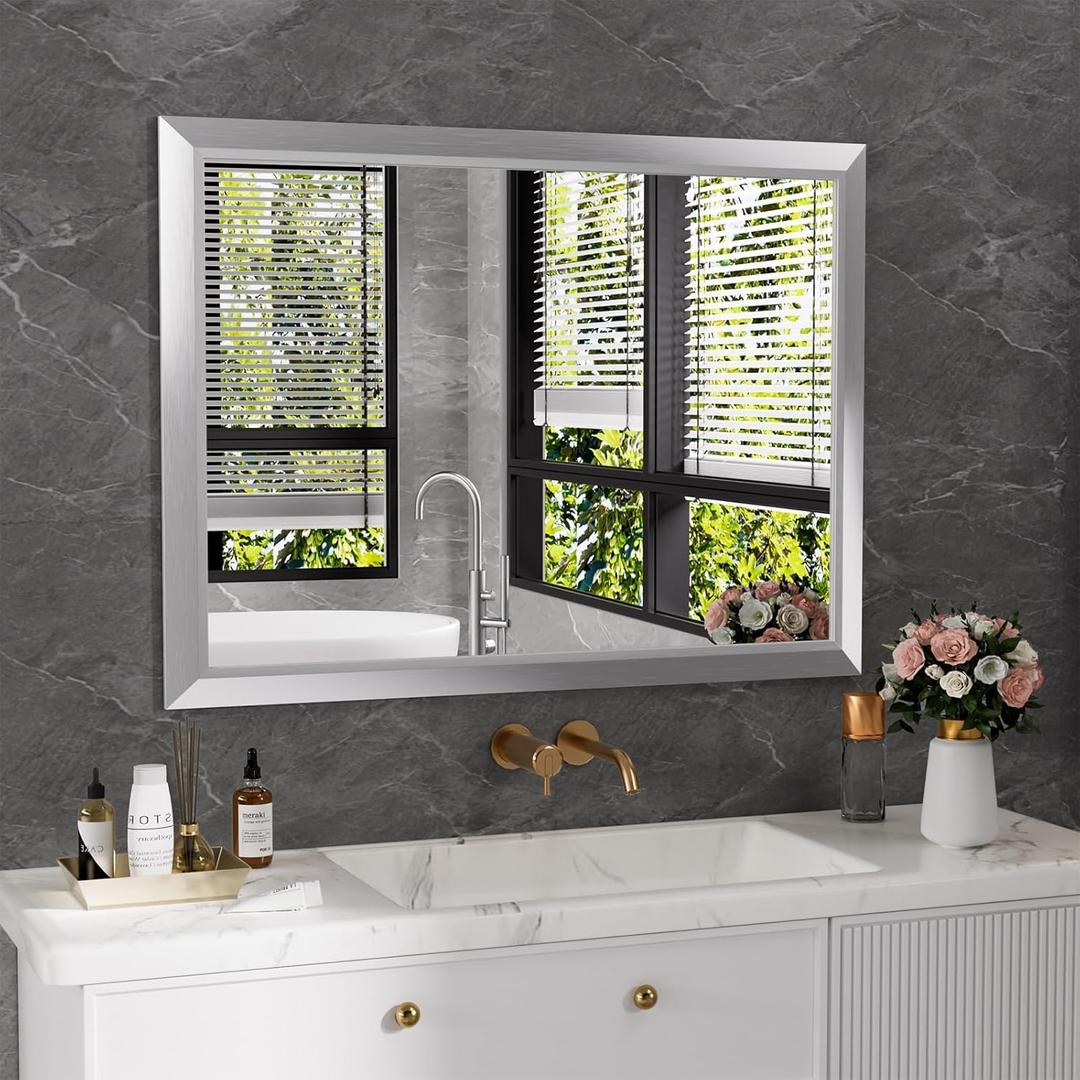 Amorho 40x30 Inch Bathroom Mirror Silver, Thick Metal Framed Wall Mirrors for Over Sink, Brushed Nickel Mirror Perfect for Bedroom, Living Room, Entryway, Rectangle (Horizontal/Vertical).