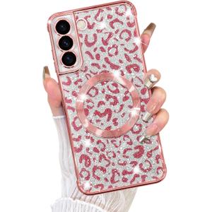 Fiyart Designed for Samsung Galaxy S21 Case,Compatible with MagSafe Cheetah Print Plating Camera Protection Clear Magnetic Glitter Leopard for Women Girls Phone Bumper 6.1"-Pink