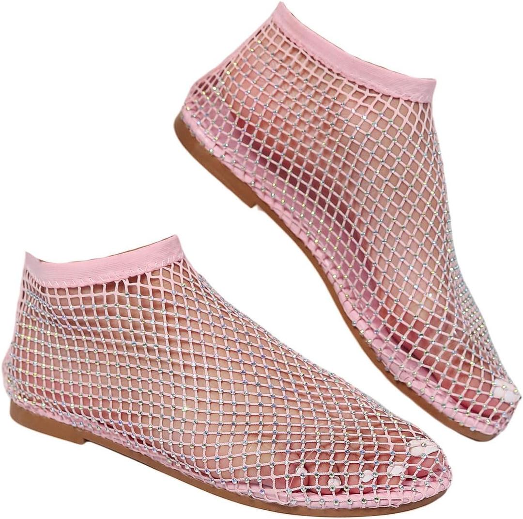Ultra Comfortable Mesh Flats for Women Fishnet Sandals Low Heel Slip on Rhinestone Shoes (8, Pink)