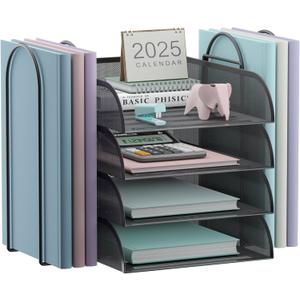 4 Tier Stackable Paper Tray Organizer for Desk, Office Desk Accessories, Paper Sorter Organizer for Letter/A4 Office File Folder Holder (Black, 19.2" x 9.7" x 10.2") (Portrait)