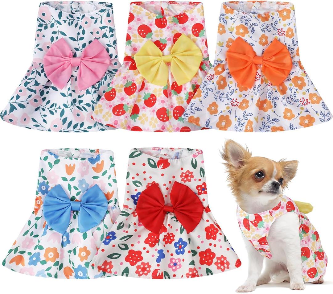 Saintrygo 5 Pieces Dog Dresses for Small Pet Girls Floral Puppy Dresses Dog Princess Bowknot Dress Cute Summer Outfits Cat Clothes for Female Cat Small Pets, 5 Styles(S)