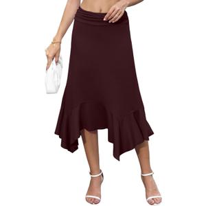 YSYOKOW Midi Skirts for Women High Waisted Asymmetrical Handkerchief Hem Fold Over Waist Flowy Casual Summer Soft Knit Skirt (L)