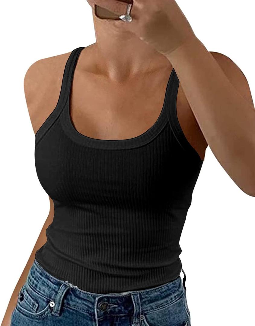 GEMBERA Women Spaghetti Strap Scoop Neck Ribbed Tank Tops Slim Fitted Cotton Camisole Basic Sleeveless Layering Shirts (Black, XL)