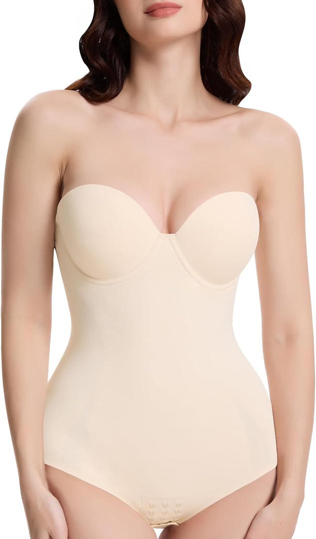 Decorus Seamless Strapless Shapewear Bodysuit - Tummy Control Sculpt Body Shaper : Cupped with Removable Straps (Medium, Beige)