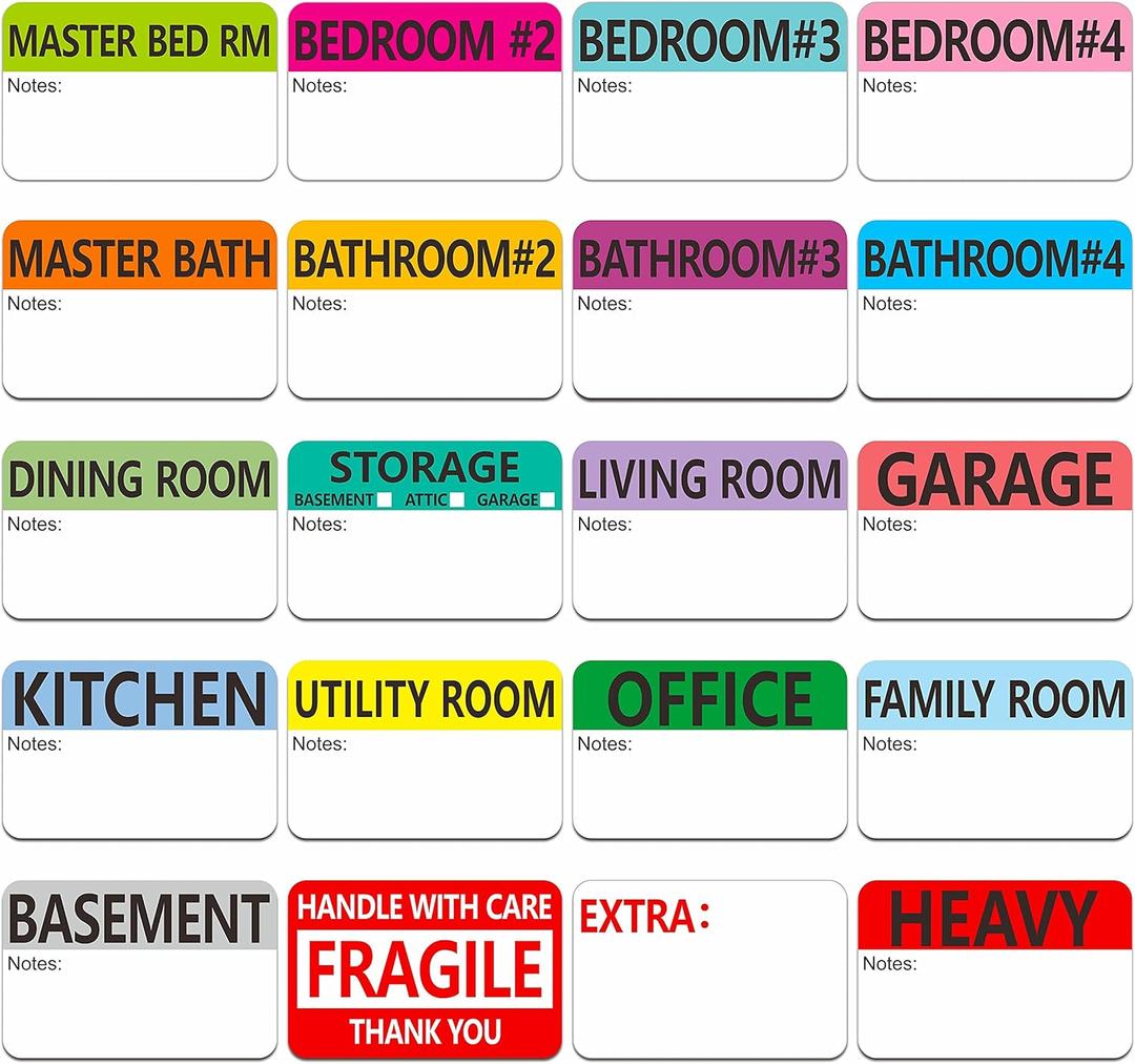 Hebayy 500 pcs 20 Designs Pre-Printed Color-Coded Home Moving Packing Box Labels with Writable Notes Areas, Each Measures 2 x 3