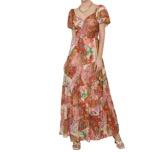 Gupgi Women Flower Long Dress Short Puff Sleeve Sweetheart, L