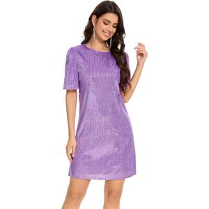 FEMI SEMI Women Puff Short Sleeve Sparkle Shift Dress Crewneck Sequin Shimmer Cocktail Party Dress (Purple, S)