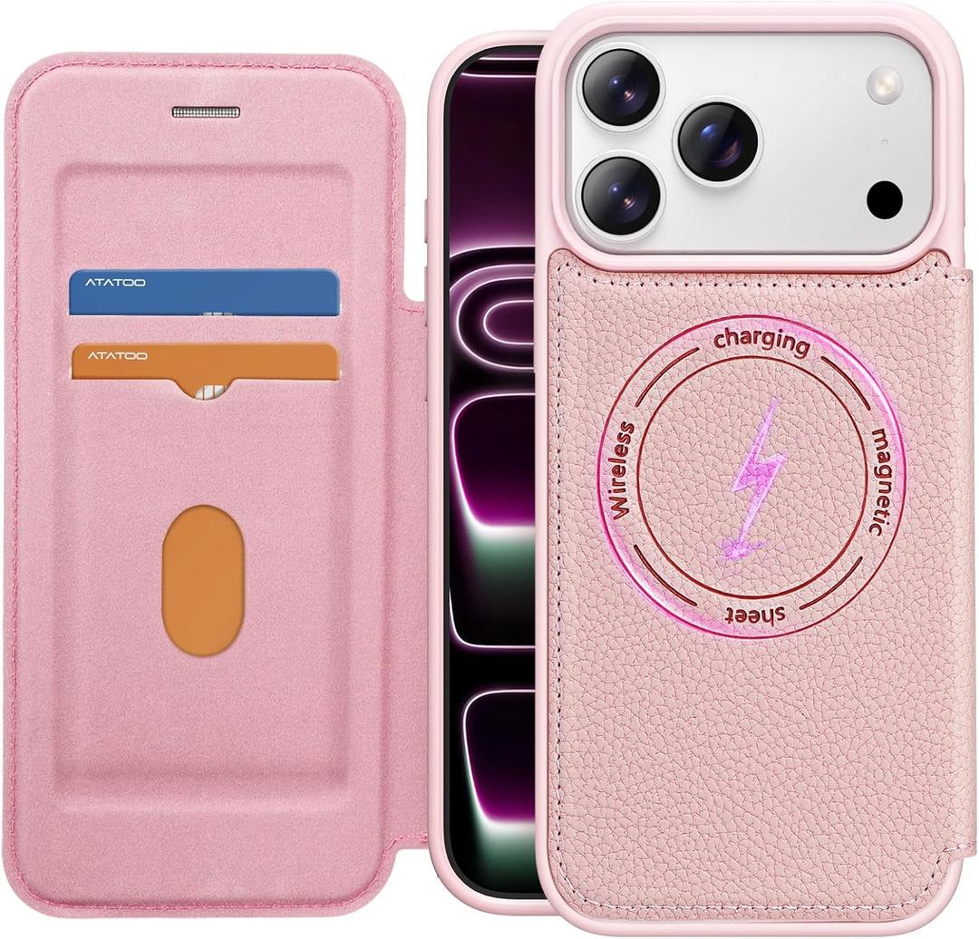 ATATOO for iPhone 17 Pro Max Wallet Case with Card Holder (Store 2 Cards), [Compatible with MagSafe] & RFID Blocking, Women Men Cute Magnetic Phone Cover for iPhone 17 Pro Max 6.9" 2025, Pink