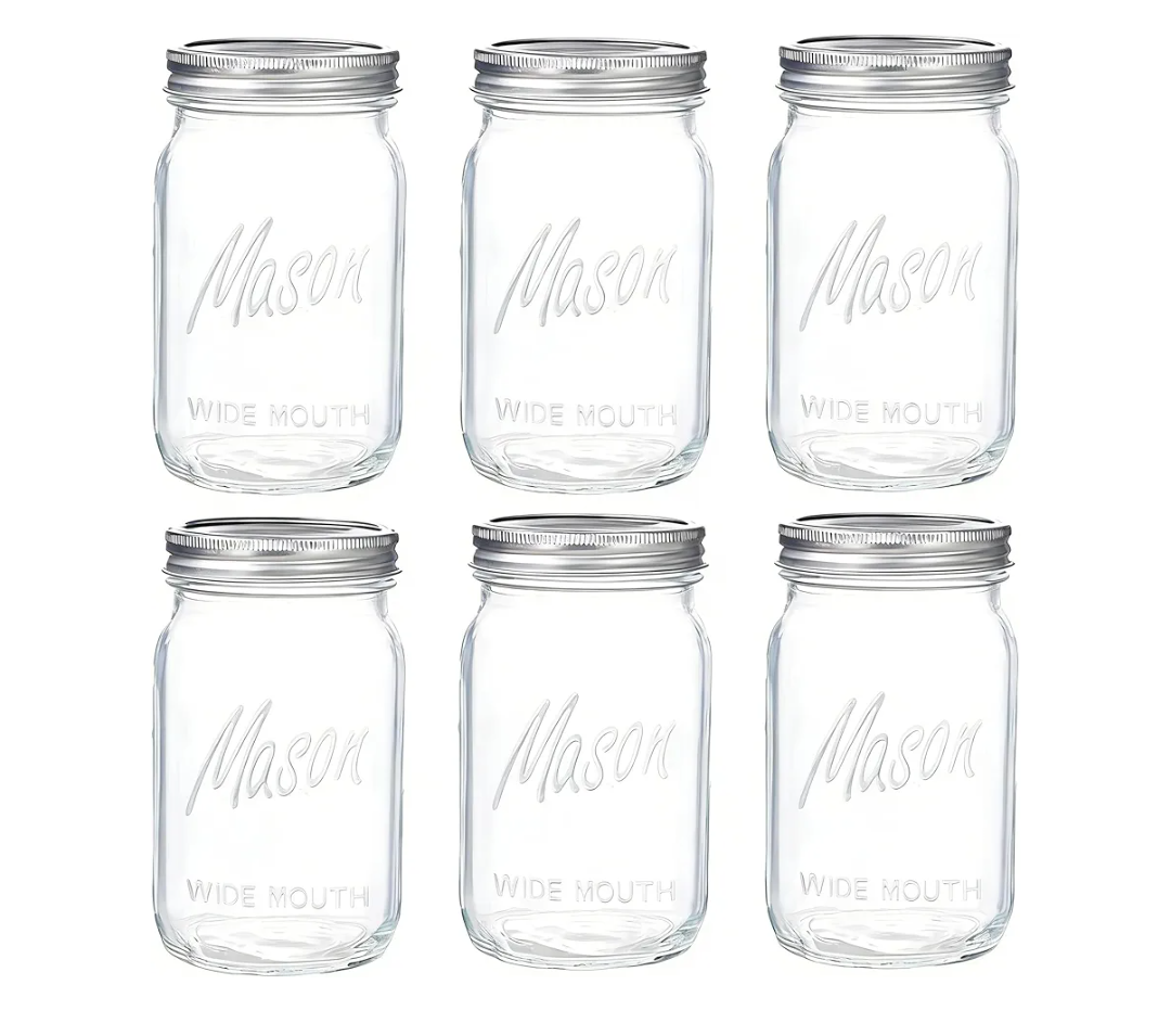 WELLIFE Wide Mouth Mason Jars, 6 Pack Mason Jars 32 oz for Pickling, Canning, Fermenting and Food Storage, Microwave & Dishwasher Safe