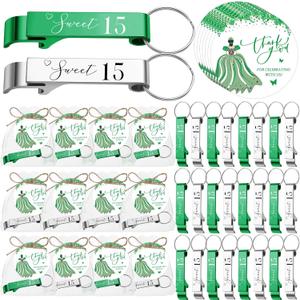 Dandat 50 Sets Quinceanera Party Favors for Guests Sweet 15 Bottle Opener Keychain with Thank You Cards Organza Bags Rope Quinceanera Gift for 15th Birthday Party Favor Guests (Green,Silver)