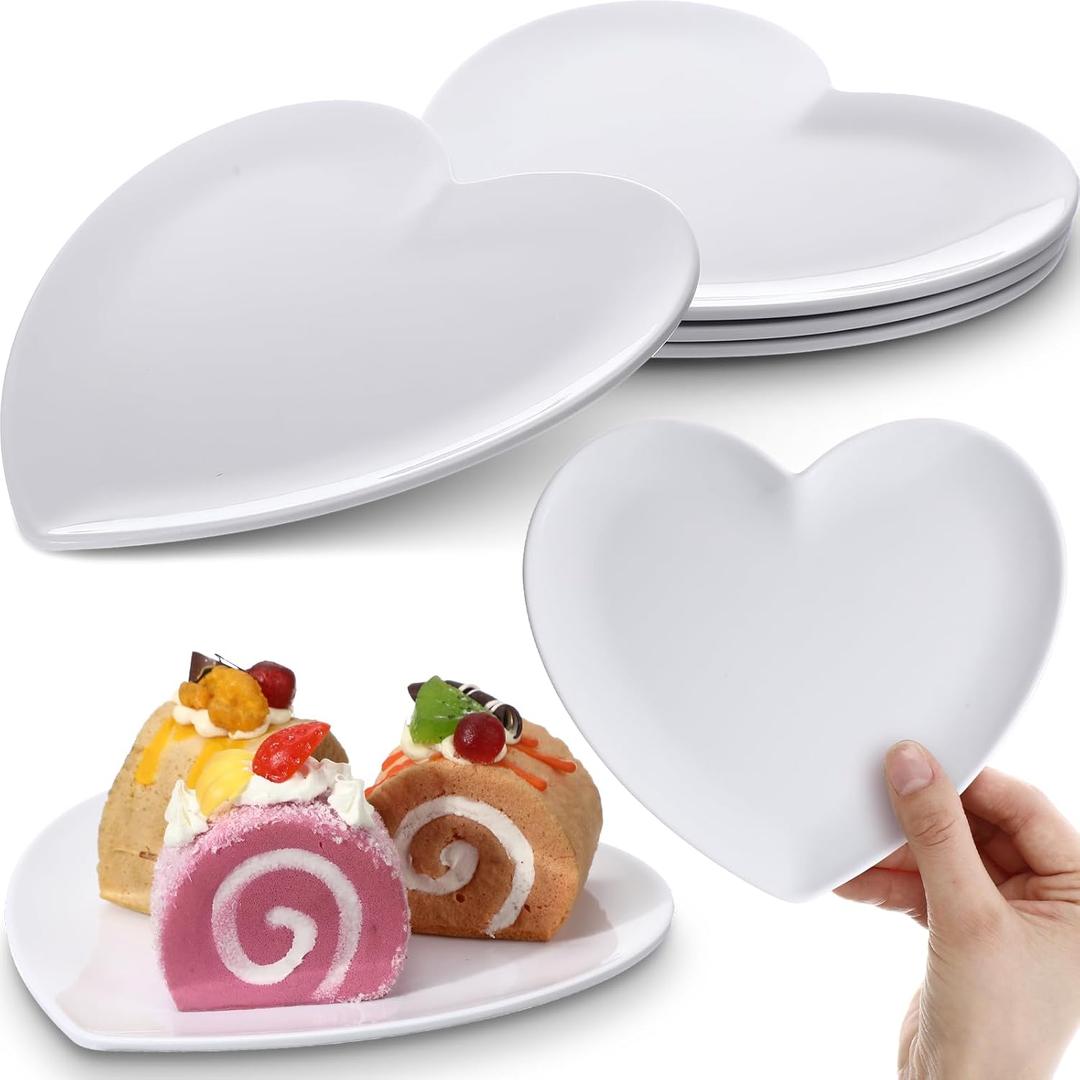Nuogo 4 Pcs Heart Shaped Dinner Plates 6.8'' Serving Tray Melamine Heart Shaped Plates for Dessert, Appetizer, Salad, Dishwasher Safe (White)