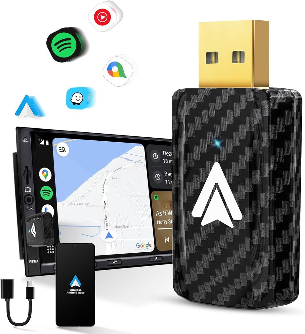 Android Auto Wireless Adapter for Car Small Dongle, Compatible with AndroidAuto Car Models 2017 Above with Wired, Only for Android Phones Version 11 Above, Carbon Fiber , Black