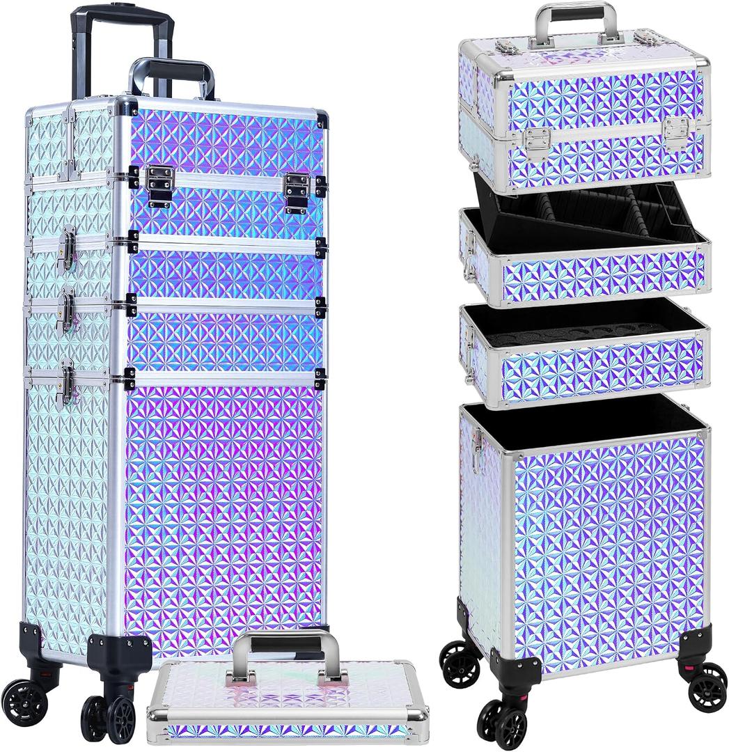 AROUS 5 in 1 Rolling Makeup Train Case Cosmetology Case on Wheels Large Cosmetic Organizer Travel Cart for Hairstylist Artist Nail Beauty Salon Barber,Silver (EXP 09/24/33)