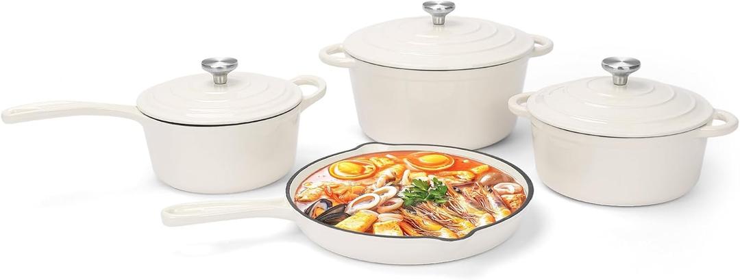 QuliMetal Nonstick Enameled Cast Iron Cookware Set, 7-Pcs Pots and Pans with Lid, Frying Pan Skillet, Sauce Pan, Healthy Round Dutch Oven Pot for Sourdough Bread Baking on All Stovetop, Cream White
