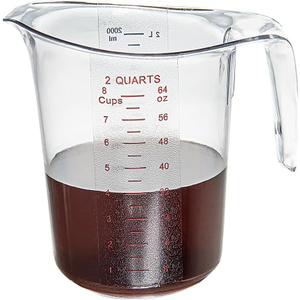 Restaurantware RW Base 2 Quart Measuring Jar 1 Durable Measuring Beaker - Metric And Imperial Units V-Shaped Spout Clear Plastic Measuring Cup Handle With Thumb-Grip Tolerates Up To 248F
