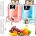 Lallisa 2 Pcs 2 Gallon Glass Drink Dispenser with Stand Ice Cylinder Hanging Chalkboard Signs 18/8 Stainless Steel Spigot Beverage Dispensers for Parties Mason Jar Drink Lemonade (Rose Gold)