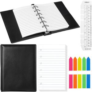 Feifeiya Mini 6 Ring Binder and 3 x 5 Inch Refill Paper Set,1 Black Refillable Binder,100 Lined Loose Leaf Paper, 1 Translucent Bookmark Ruler, 200 of Colorful Index Sticky Tabs for Office(White)