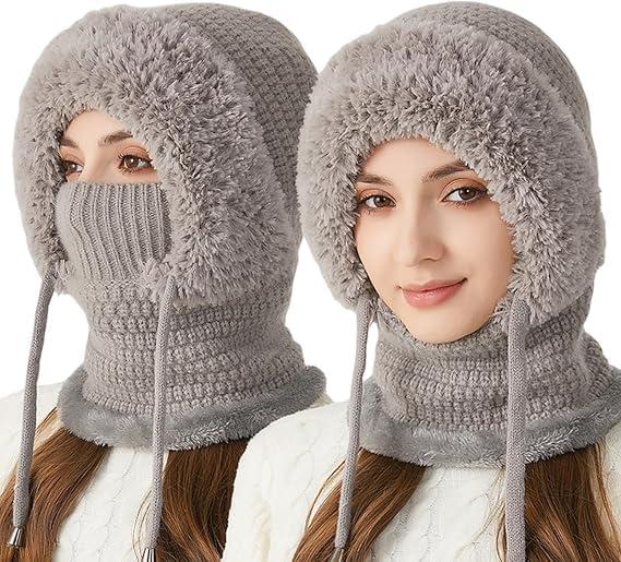 3 in 1 Beanie Hat with Scarf and Mask,Autumn and Winter Knitted Hat for Women (Gray)