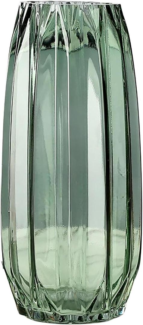 Green Glass Vase Modern Ribbed Glass Vase for Flowers, Candles, and Decorative Accents - Tall/Short Glass Vase for Centerpieces Home Table Decor(Green H12.0inch) (H-11.8inch)