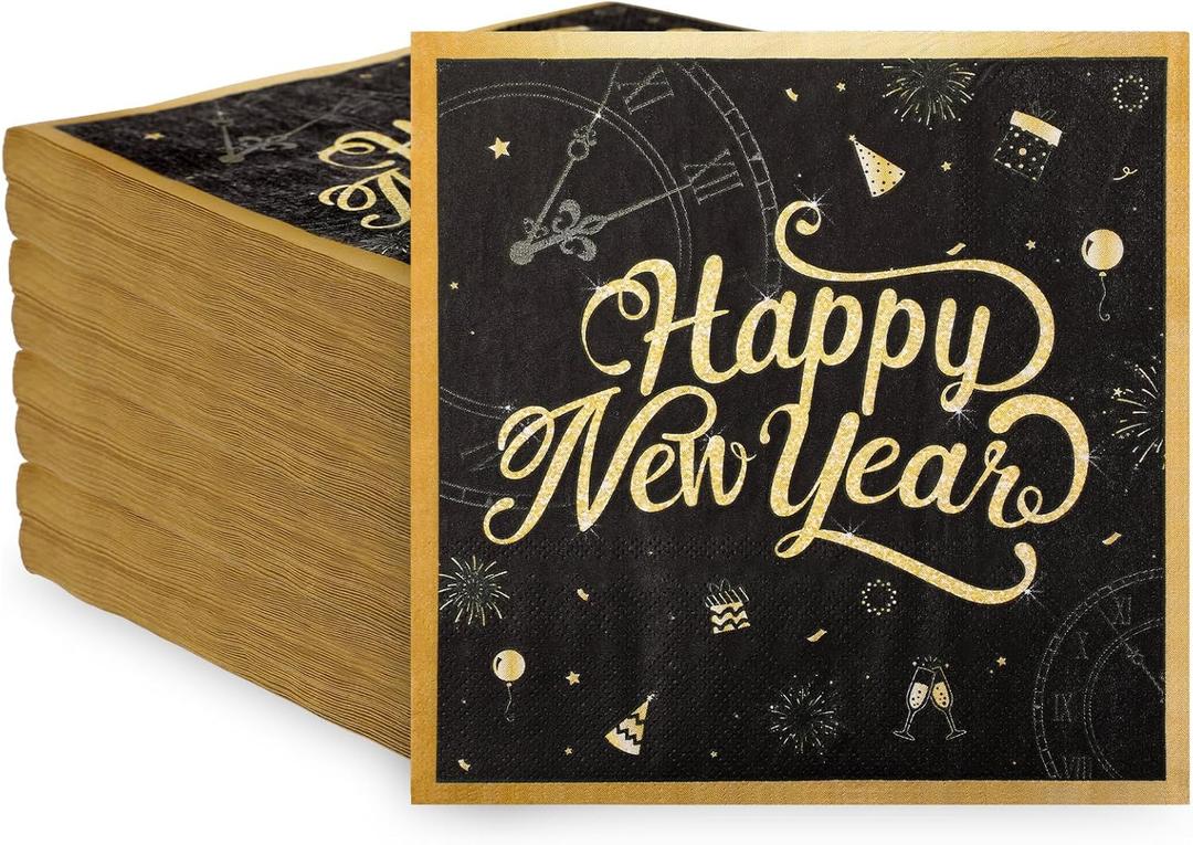 Peryiter 100 Pcs Happy New Year Napkins 2026 New Year's Eve Napkins 13 x 13 Inch Black Gold Paper 2 Ply Disposable for Cocktail Holiday Paper for Party Decoration(Plain)
