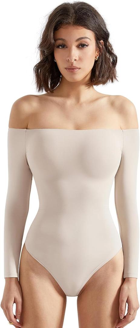 SUUKSESS Women Off the Shoulder Long Sleeve Bodysuit Double Lined Thong Bodysuit (Small, Stone)