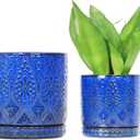 8 Inch + 6 Inch Indoor Plant Pot with Drainage Holes and Saucers, Ceramic Planter for Plants Succulent Orchid Flower Pots (Blue)