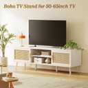 SUPERJARE TV Stand for 65 Inch TV, Entertainment Center with Adjustable Shelf, Rattan TV Console with 2 Cabinets, Media Console, Solid Wood Feet, 4 Cord Holes, for Living Room, White, 53.9"