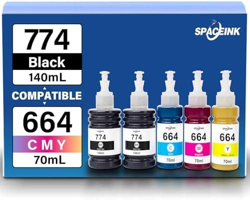 Spaceink 774 664 Ink Refill Bottles for ET-2650 ET-2550 ET-3600 ET-4500 ET-4550 ET-16500 ET-2500 ET-2600 ET-14000 Printers (2 Black Cyan Magenta Yellow 5 Pack)