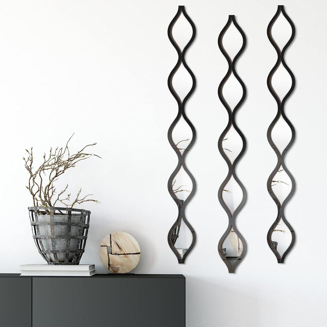 Yulejo Home Mirror, 3 Pcs Acrylic Teardrop Wall Decor, Boho Vintage Mirror for Living Room, Bathroom, Bedroom, 4 x 35.43 inches, Black Edge