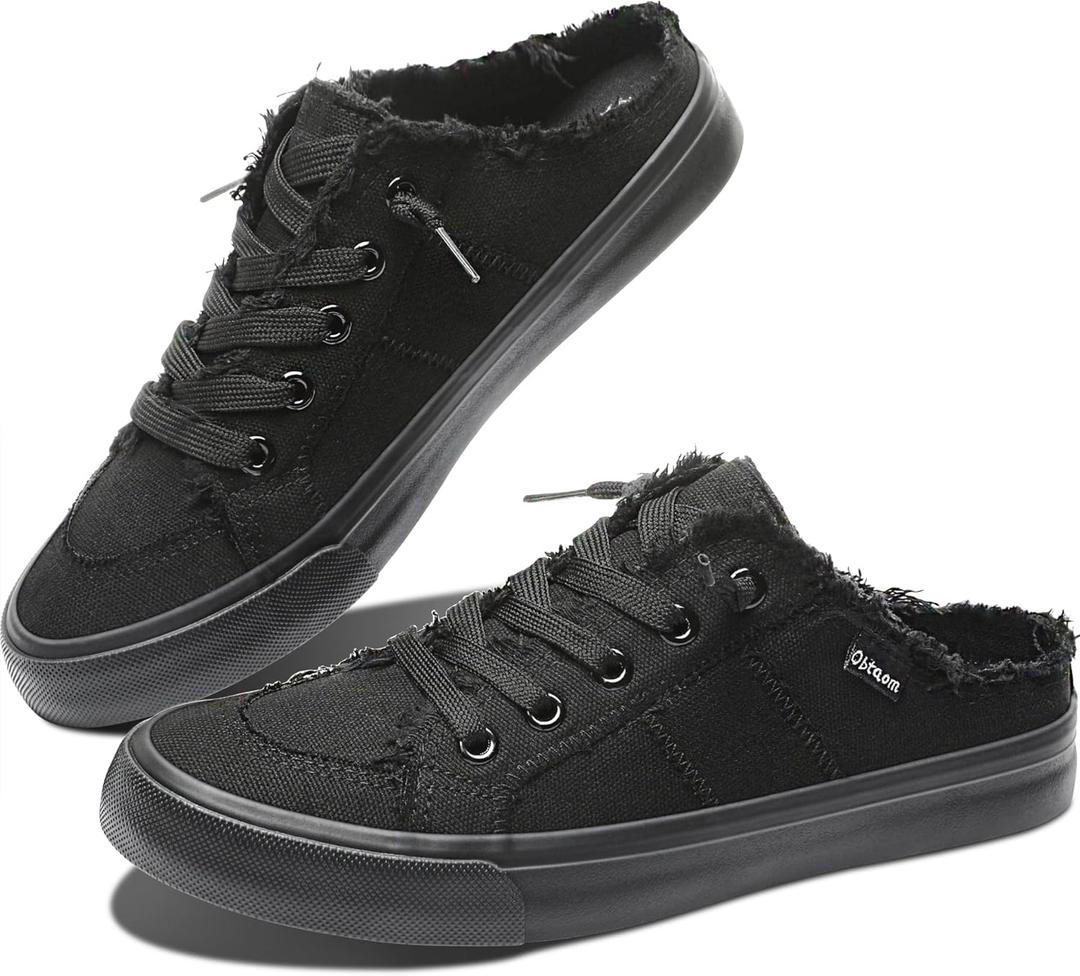 btaom Women Canvas Mules Memory Foam Clipper Fashion Sneakers Comfortable Slip-On Mule Backless Holiday Shoes（Black/ Black，US9