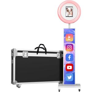 MWE Portable Photo Booth Machine Stand Compatible with Any Ipad with Software APP and Remote Control, RGB Ring Lights Music Sync, Free Custom Logo,Flight Case with Wheels (White, Light Box)