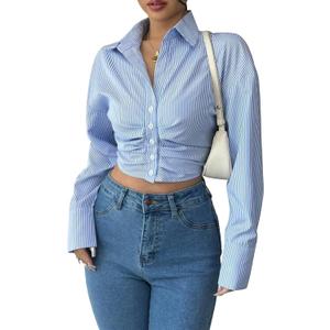 SUNNOW Women's Casual Striped Cropped Ruched Long Sleeve Shirt (Large, Blue)
