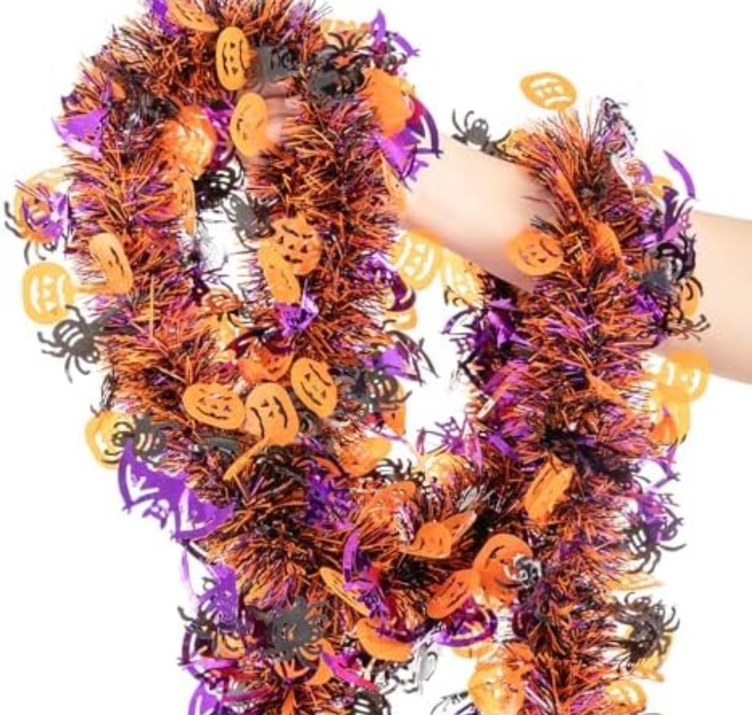33FT Halloween Tinsel Garland, Black Purple Orange Metallic Twist Foil Tinsel Garland with Pumpkin Spider Bat Ornaments Hanging Garland for Halloween Party Indoor Outdoor Decoration