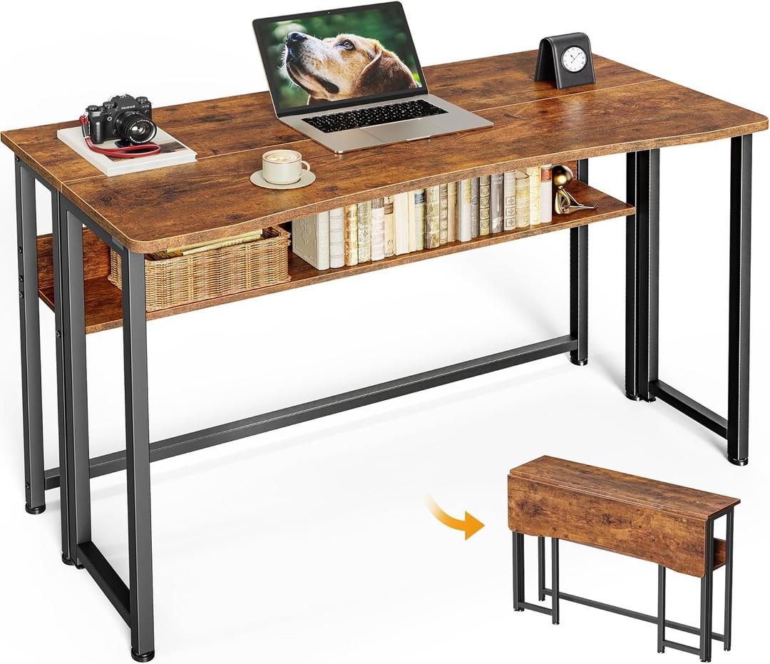 Huuger Folding Desk with Storage Shelf, 39.3 Inch Foldable Computer Table for Small Spaces, Space Saving Sofa Table for Couch, Writing Work Office Computer Desk, Easy to Fold, Rustic Brown, 18.5"D x 39.4"W