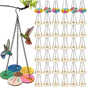 DoubleFill 36 Pack Bird Feeder Craft Kits with Chains for Kids Ages 3-8 Make Your Own Wooden Flower Bird Feeders with Aluminum Bowls DIY to Paint Craft for Garden Outdoor Activities (Flower,Round)