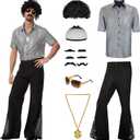 70s Disco Outfit Costume for Men, Include Shirt Bell Bottom Pants Wig Sunglasses Necklace Wig Cap, for Disco Party Large