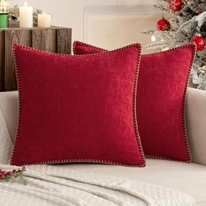 MIULEE Pack of 2 Euro Sham Pillow Covers 24x24 Inch Red Farmhouse Decorative Throw Pillow Covers with Stitched Edge Soft Chenille Solid Dyed Pillow Covers for Bed Sofa Couch Living Room