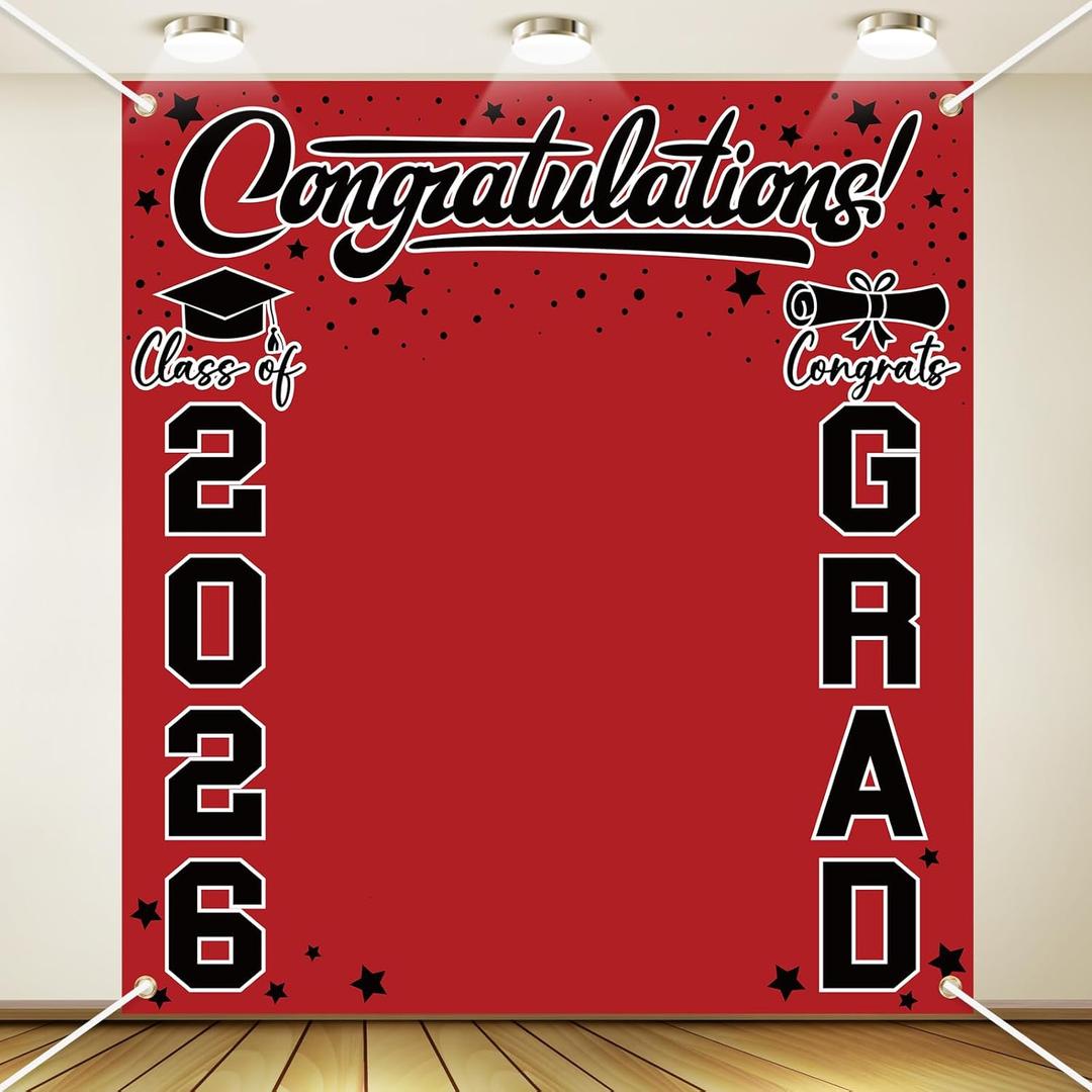 Frienda Large Class of 2026 Graduation Backdrop 6.6 x 7.2 ft Congrats Grad Graduation Party Decoration Photography Background for High School College Party Decor Supplies(Red Black)