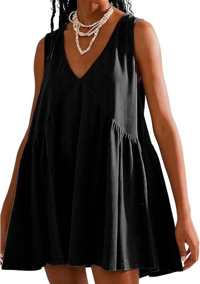 Fashion Women's V Neck Sleeveless Mini Dress Loose Summer Pleated Swing Flowy Sundress M