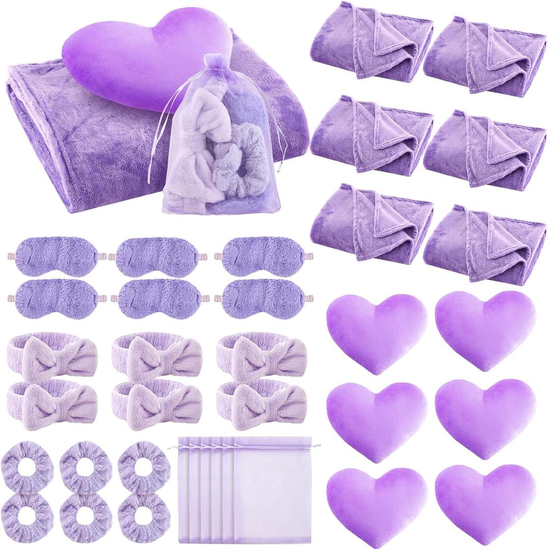 Fanfanwin 36 Pcs Sleepover Party Supplies for Girl Spa Slumber Birthday Favors Throw Blanket Pillow Eye Mask Headband Scrunchies (Solid Color,Purple)