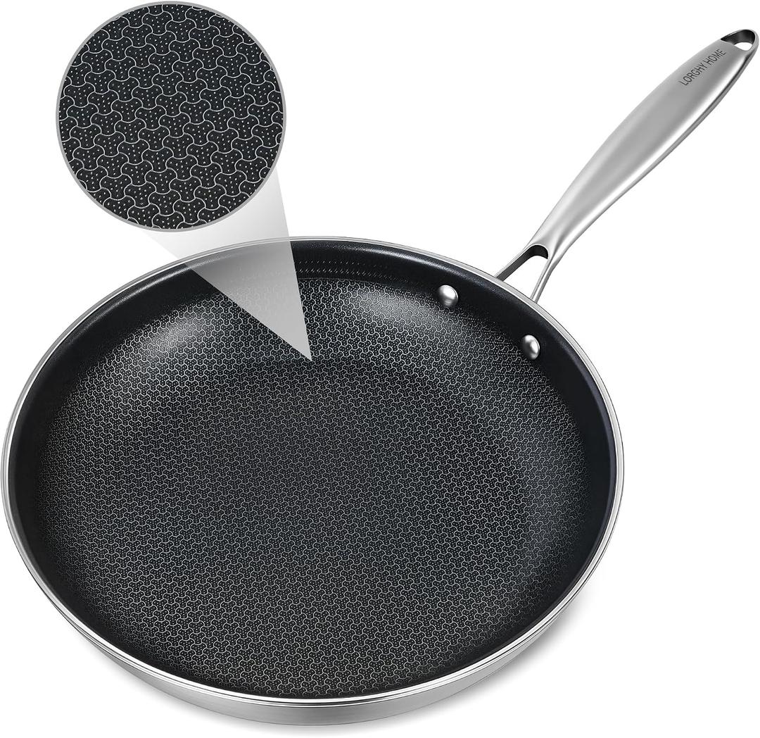 Lorchy Home 12" Hybrid Nonstick Frying Pan, Large Stainless Steel Ceramic Nonstick Skillet, Non Stick Pan for Family Meals & Steak, Stay-Cool Handle, Induction Compatible, Oven Safe
