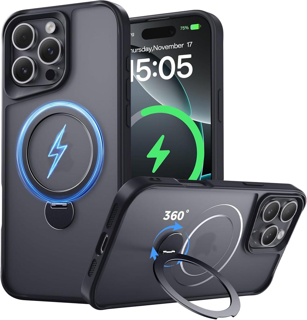 Designed for iPhone 16 Pro Case, with 360 Magnetic Stand [Compatible with MagSafe] [Military Drop Protection] Shockproof Translucent Matte Case for 16 Pro 6.3 Inch, Black