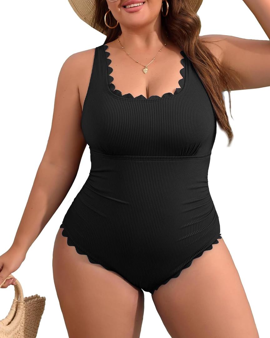 Charmo Plus Size Swimsuit for Women 2025 Tummy Control Scalloped Ribbed One Piece Swimsuits Ruched Modest Bathing Suit (1X, Black)