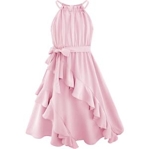 Girls Dresses Tween Halter Tie Back Tiered Ruffle A-Line Flowy Dress Summer Sleeveless Sundress Size 5-14 Years (10-12 Years, Pink)
