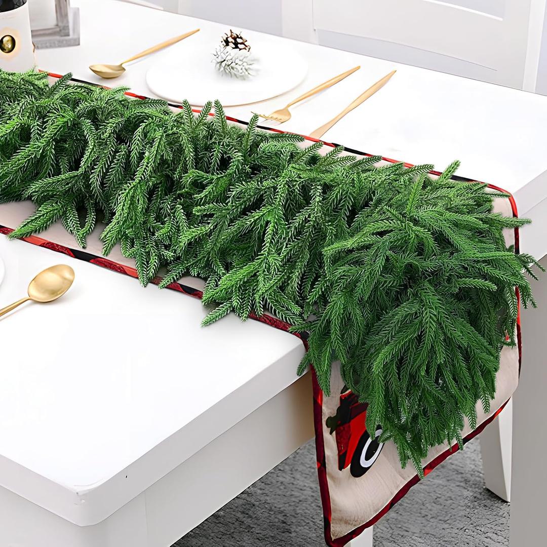 9 FT Realistic-Feel PE Norfolk Pine Christmas Garland Real Touch Christmas Artificial Greenery Garlands Decoration for Winter Mantle Fireplace Table Xmas Decor