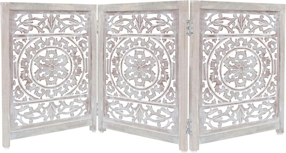 Wooden Foldable Pet Dog Safety Gate - 3 Panel 20" W x 24" H - Hand Carved Suzani Free Standing Portable Indoor Puppy Gate - Doorway Hall Stairs Dog Fence - Assembled - White Wash - Irongate 