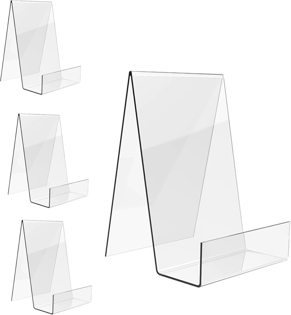 Boloyo Acrylic Book Stand with Ledge,4PC 6 Inch Clear Acrylic Display Easel Transparent Display Stand Holder Tablet Holder for Displaying Books,Magazine,Plate,Pictures,Artworks, CDs