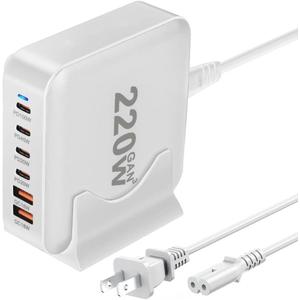 220W USB C Charger Block GaN III USB Desktop Charging Station 6 Ports QC4.0 Fast Charging Station Hub+PD 100W Type C Laptop Charger Adapter Compatible with MacBook Pro Laptop Tablet and Phone (White)