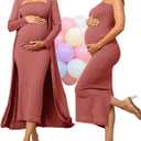 Rnxrbb 2 Piece Maternity Dress Cardigan Baby Shower Wedding Guest Summer Gender Reveal Photoshoot Tube Maternity Dress Long (Medium Tall, Rosybrown)